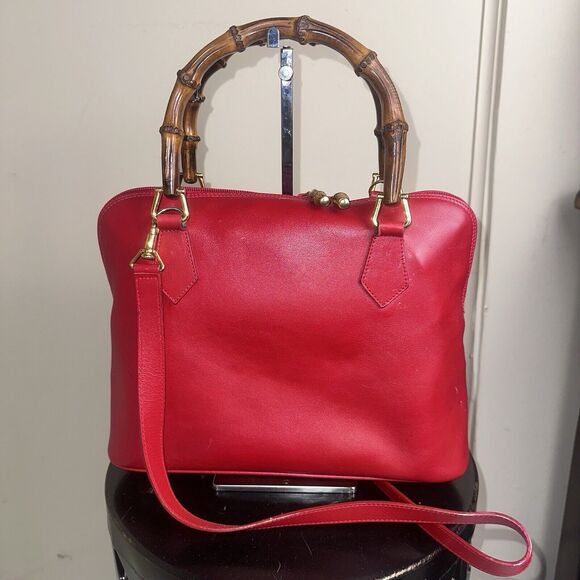 Authentic Vintage GUCCI Bamboo Red Calf Leather 2-Way Shoulder Hand Bag - Picture 2 of 13